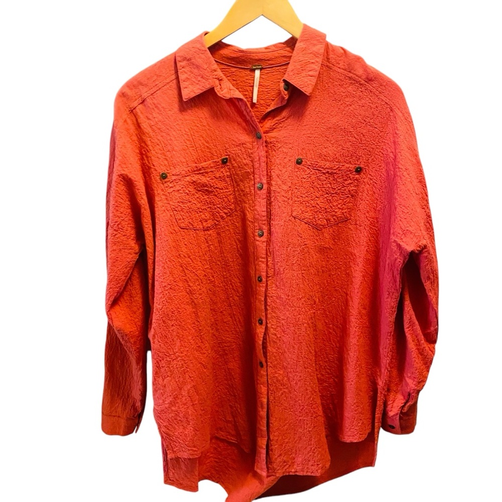FREE PEOPLE Coral Crepe Oversized textured Button Down Long Sleeve Top - Picture 3 of 7